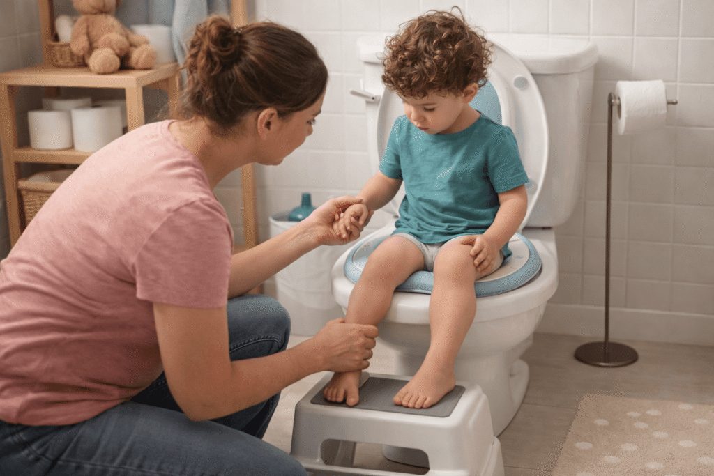 Mãe apoiando criança autista no processo de desfralde com segurança e previsibilidade