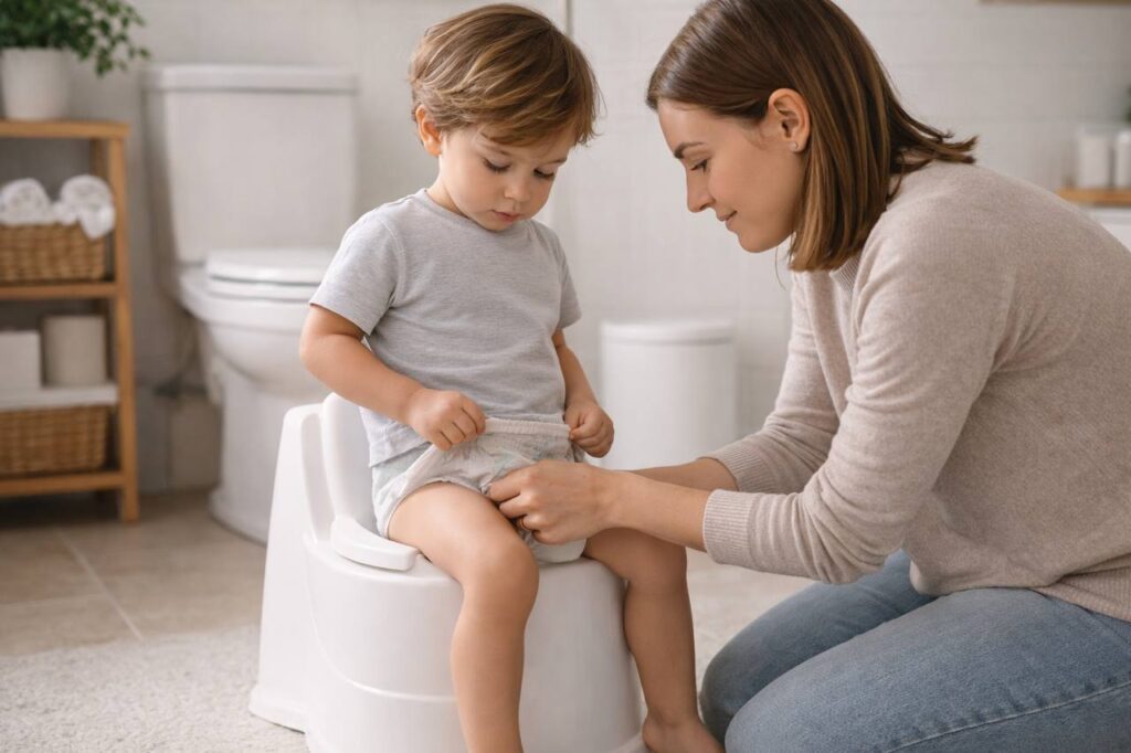 Mãe ajudando criança no banheiro durante o processo de desfralde no autismo.
