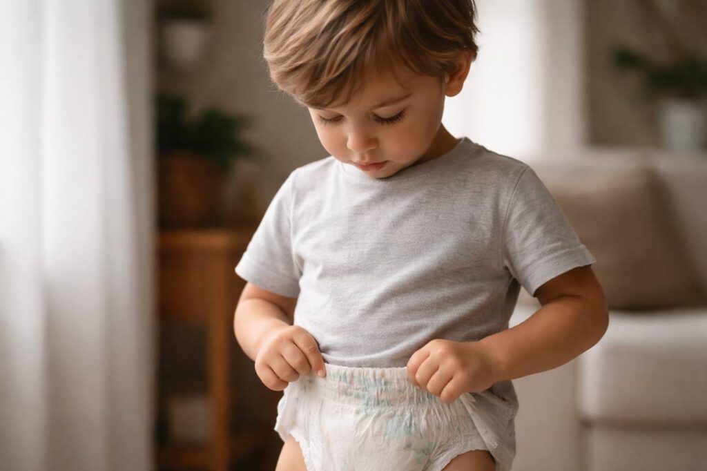 Criança observando o próprio corpo, sinal de prontidão no desfralde no autismo.