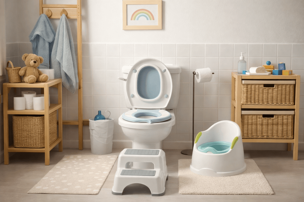 Banheiro organizado para desfralde no autismo com redutor de assento e ambiente sensorialmente seguro