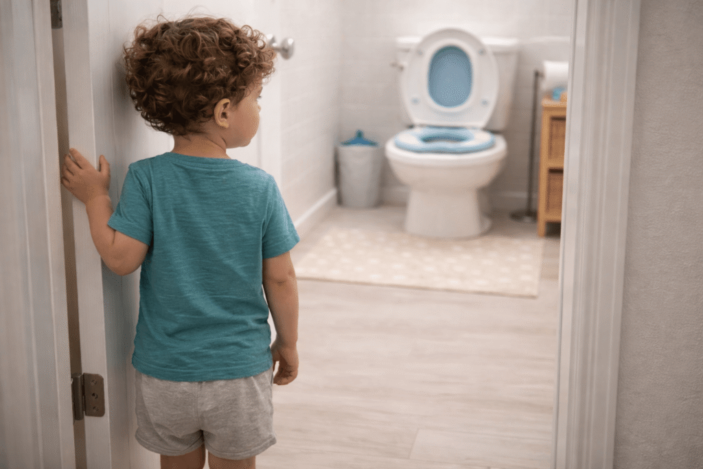 Criança receosa na porta do banheiro durante o processo de desfralde no autismo