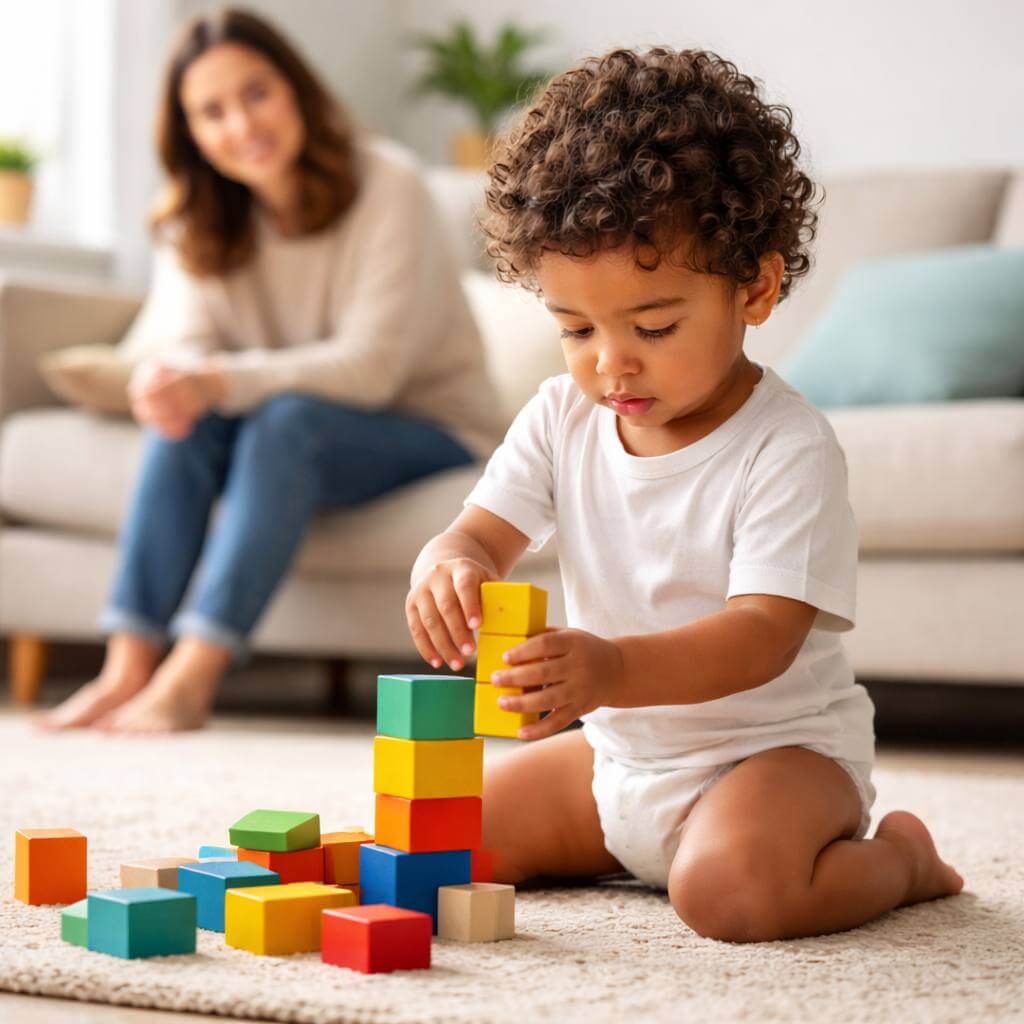 Criança autista não verbal brincando enquanto ainda usa fralda durante fase de desfralde
