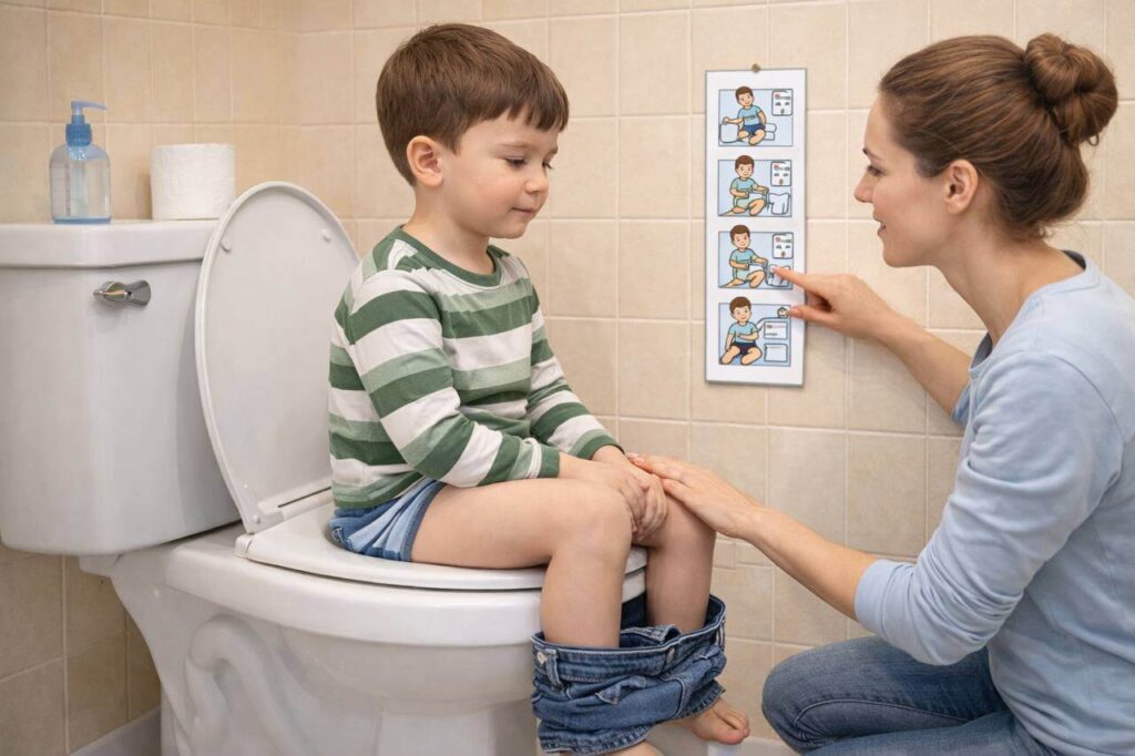 Uso de rotina visual para ajudar criança autista no processo de desfralde com mais previsibilidade e segurança
