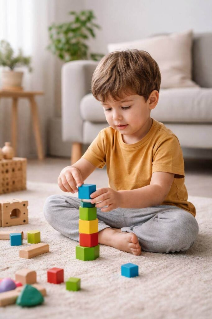 Criança pequena brincando concentrada no chão, ilustrando maturidade biológica no processo de desfralde no autismo.