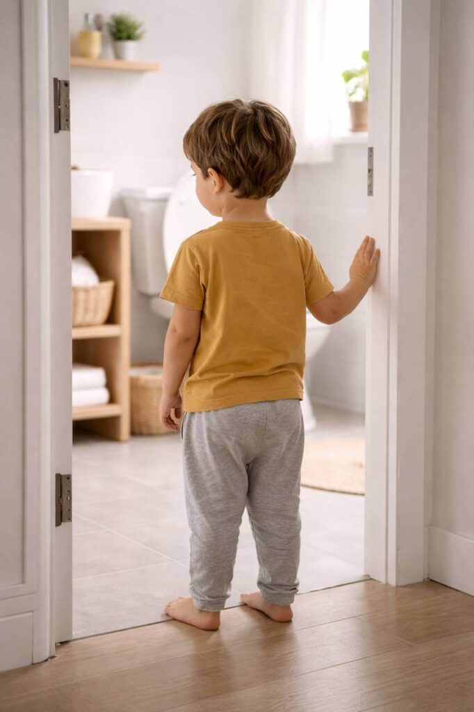 Criança pequena hesitando na porta do banheiro, representando resistência no desfralde no autismo.
