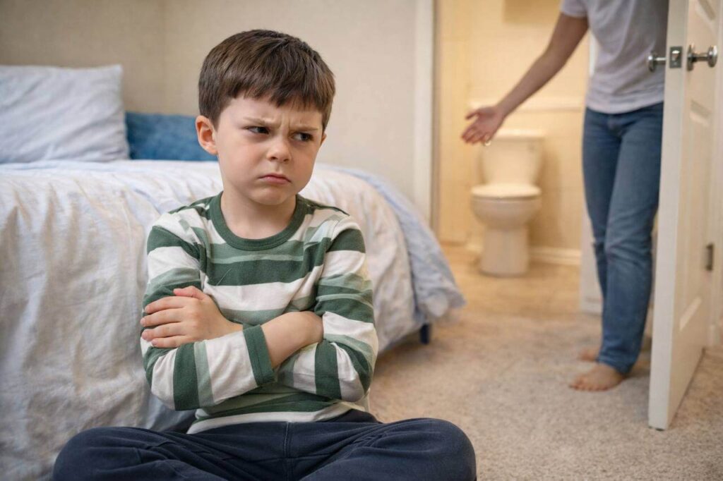 Criança autista demonstrando resistência durante o processo de desfralde devido à rigidez cognitiva
