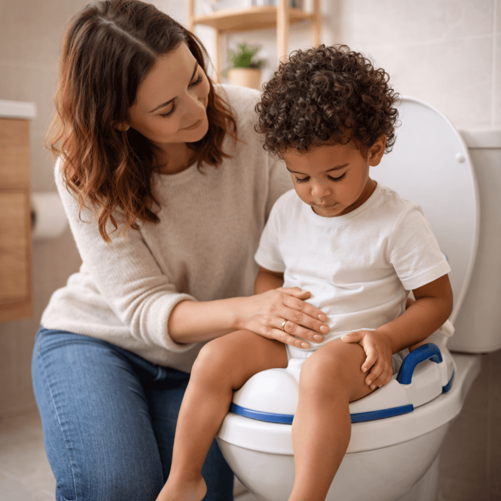 Mãe ajudando criança autista no processo de desfralde no banheiro
