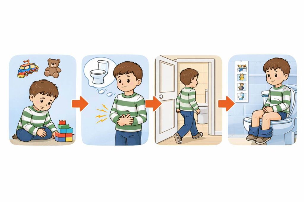 Sequência de etapas do desfralde mostrando a transição de atividades para o uso do banheiro no autismo
